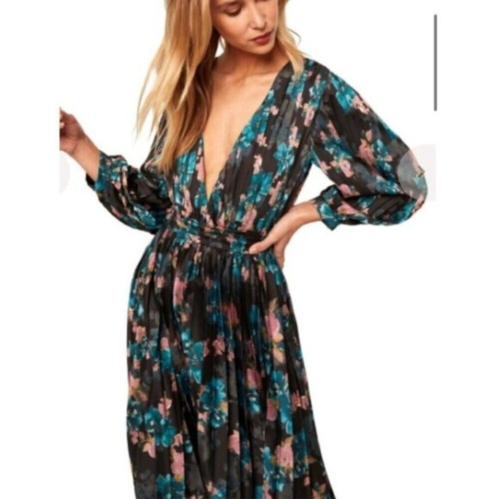 Misa Los Angeles Black Maxi Dress with Teal & Pink Floral Print